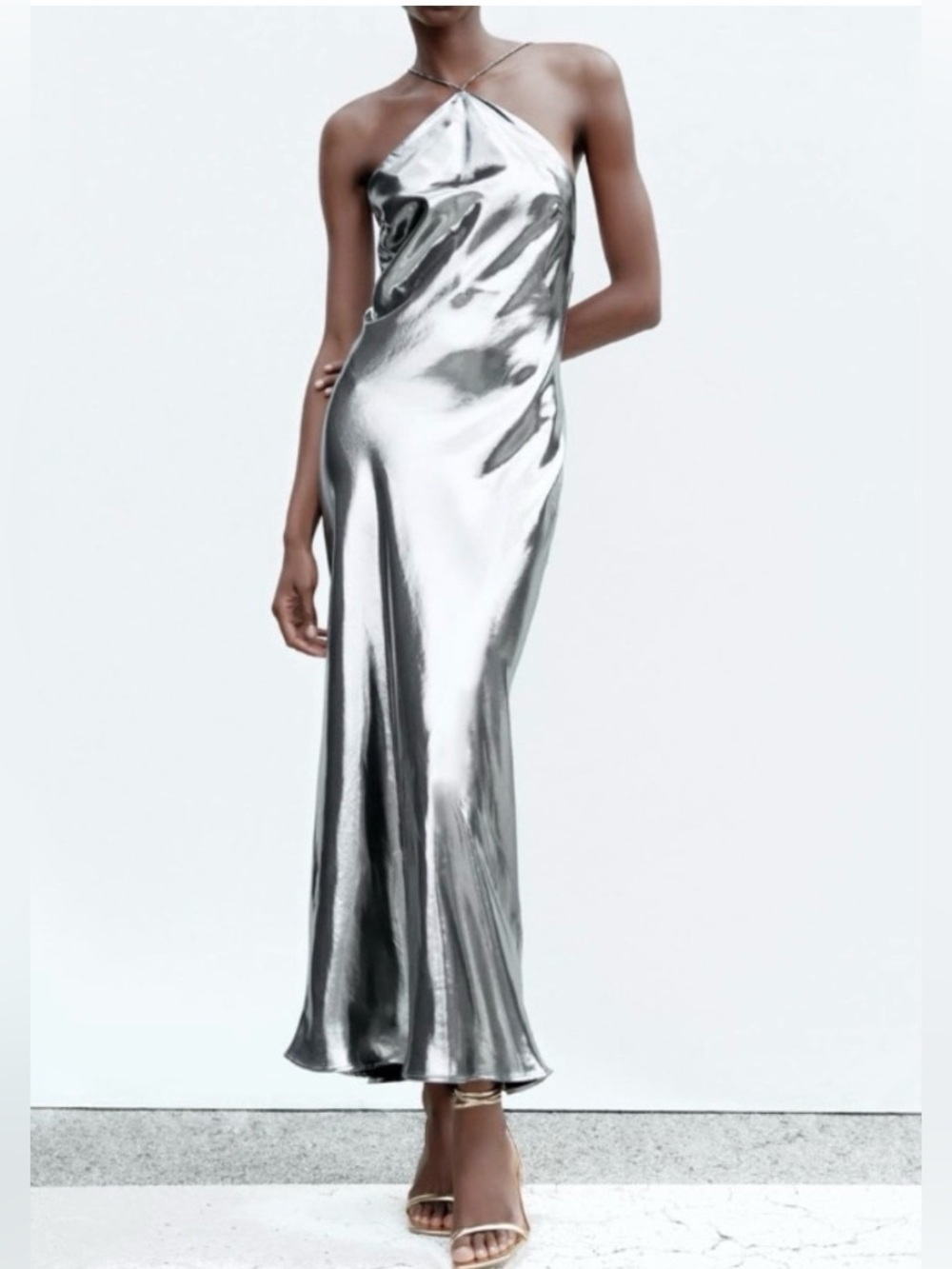 Zara Metallic Silver Halter Maxi Dress